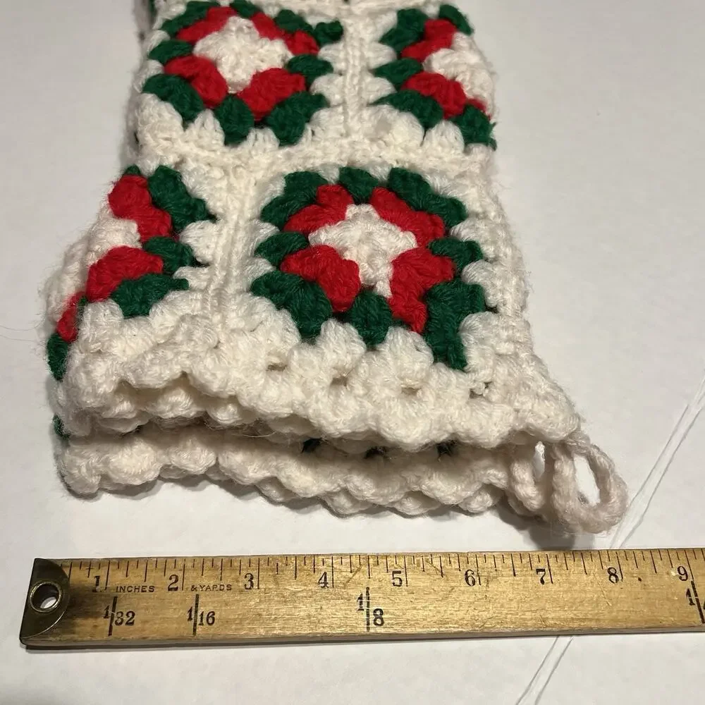 Vintage Lot of 3 Crochet Granny Square Christmas Stockings Red Green White Heels